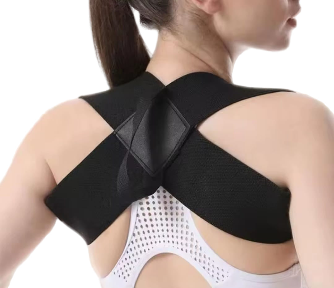 Person wearing a black posture corrector against a beige background